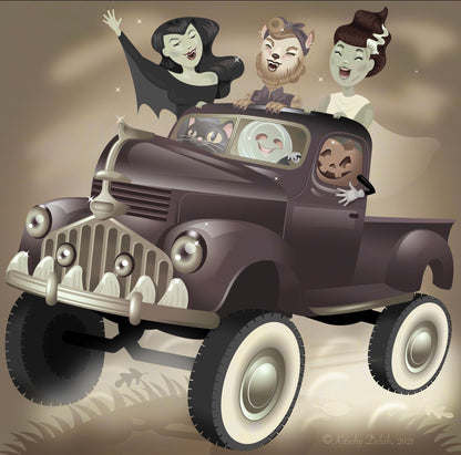 Monster Truck Digital Print, Quirky Halloween Art, Fall Artwork, Original Illustration